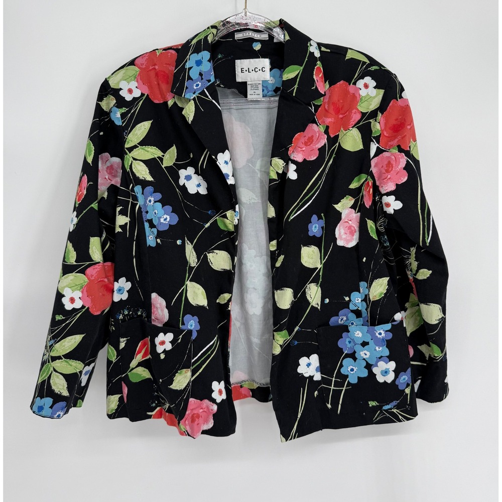 ELCC Womens Black Floral Cotton Stretch Open Front Blazer Patch Pockets‎ Sz XL